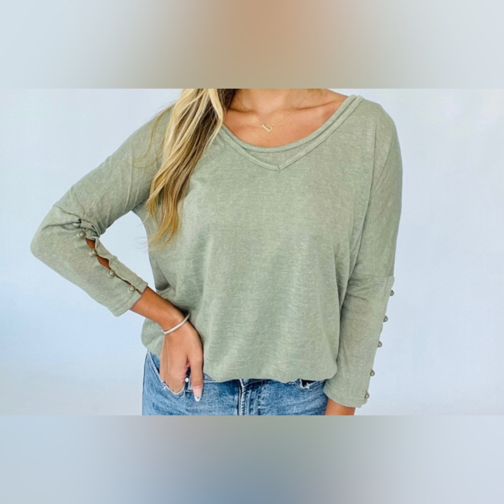 V-Neck Long Sleeve Top with Built-in Tank Arm Button Detail. Brand: Sew in Love
